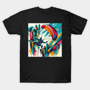 Metro Glide: Parachute Leap Above the City T-Shirt